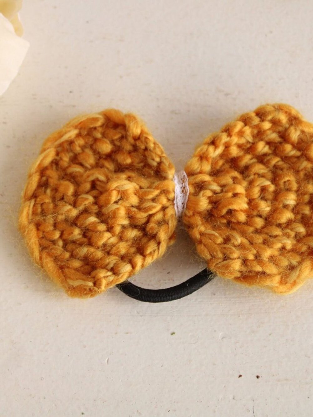 Knit Hair Bow, Handknitted Golden Yellow Ponytail Holder or Hair Band, Vintage L - Picture 2 of 10